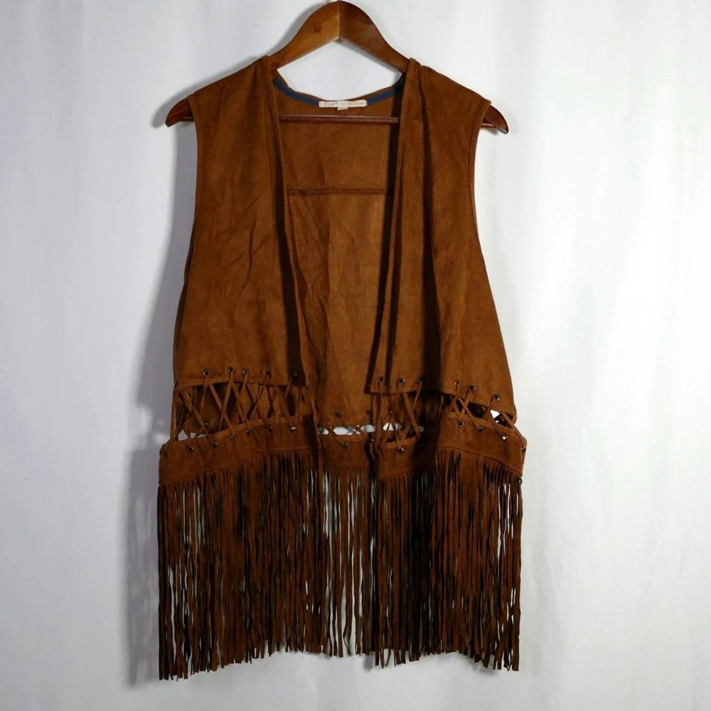 Womens Boho Western Faux Suede Fringe Vest Size 2X Festival Hippie Cowgirl Rodeo
